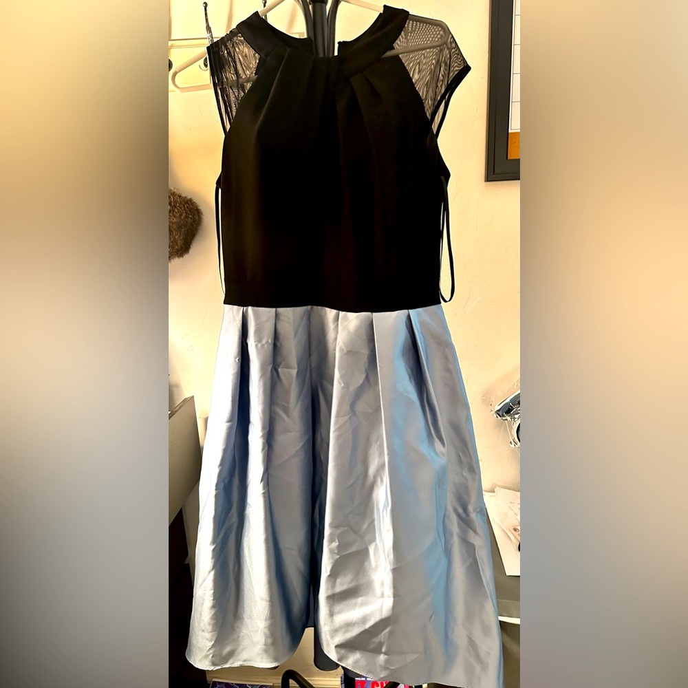 Betsy & Adam Women's Cocktail Dress Size 10 Black and Blue Satin High Low Hem